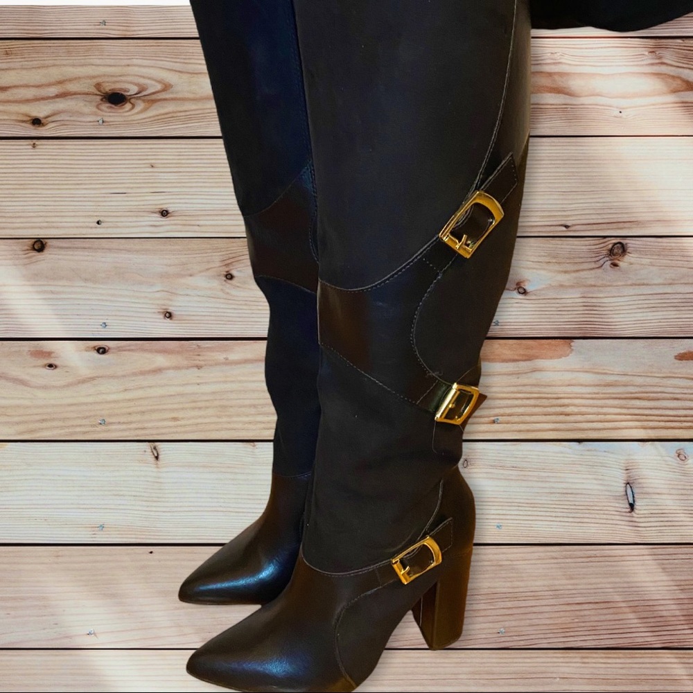 JUST FAB BRAND NEW BOOTS SIZE 6 BLACK FAUX SUEDE & LEATHER A ZIPPER AND BUCKLES